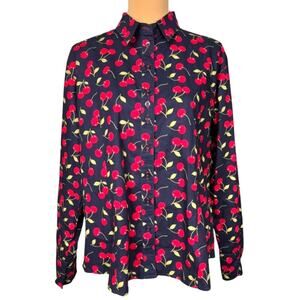 Grenouille Ladies Long Sleeve Button Down Cotton Shirt Blue Red Cherries Size 48